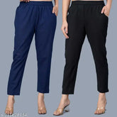Navy blue and black cotton trouser pants, two-pocket style for women, solid pattern, size options from 28 to 38